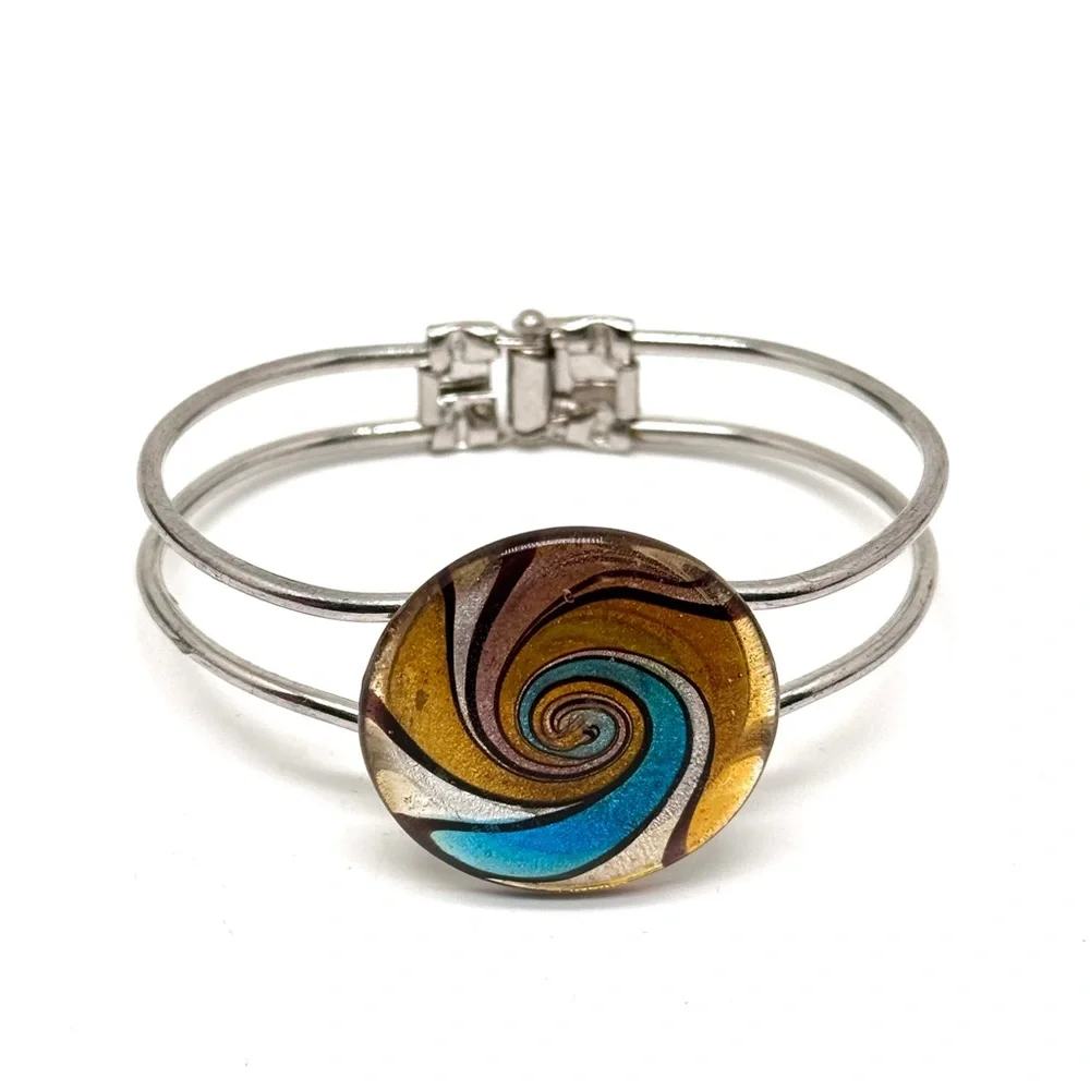 Vintage Dichroic Art Glass Silvertone Hinged Bangle Clamper Bracelet